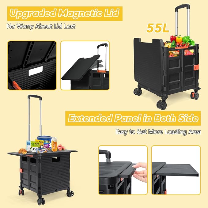 FELICON SELORSS Folding Utility Cart Portable Rolling Crate Handcart-Black | Adjustable Handle+Extended Magnetic Lid,Storage Basket Box,4 Swivel Wheels Tote for Teacher Move Shop Travel Grocery Office