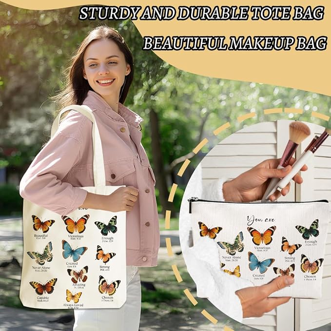 Inspirational Butterfly Gifts Christian Gifts for Women Girls Bestie Sister Religious Makeup Bag Canvas Tote Bag Reusable Grocery Bags with Inner Pocket for Beach Shopping Birthday Friendship