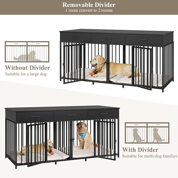 HOSTACK Double Dog Crate, 71"W Indoor Dog Kennel Furniture for 2 Dog, Black | 3 Drawers for Easy Storage, Heavy-Duty Cage, Removable Divider, Slide Bolt Latch, Modern Farmhouse Pet House for XL/XXL Dogs