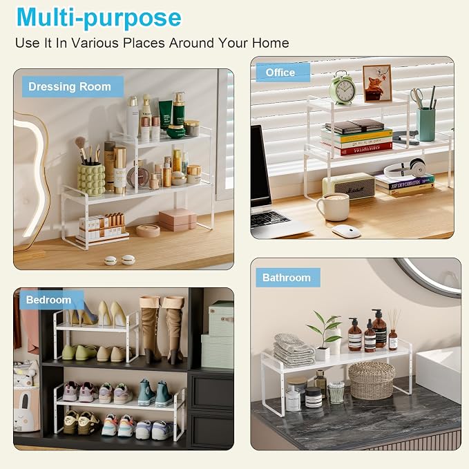 15.5 to 25.5 Inch Kitchen Cabinet Shelf Organizers, Adjustable Kitchen Counter Shelf Organizer, Set of 3 Expandable Countertop Storage Shelves, Stackable Design, 30LBS Heavy Duty, Space Saver