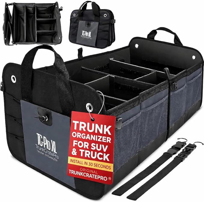 Car Trunk Organizer for SUV, Truck & Auto Cargo Storage, Foldable, Grey, XL | Fits Cars, SUVs & Trucks • 6 Adjustable Compartments • Non-Slip Base & Straps • XLCargo Storage • 11 Pockets • Travel Use
