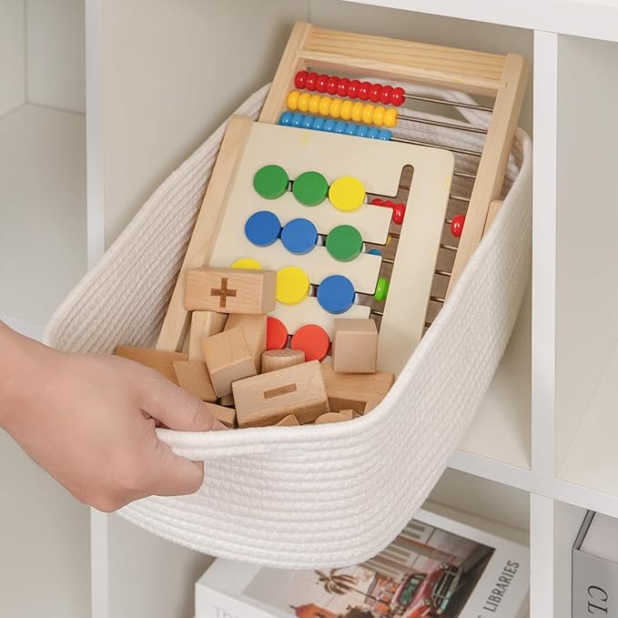CubesLand Woven Rope Storage Basket for Laundry, Toys Organizing, Nursery | Organizer Basket for Book Clothes Shoes Bedroom Home & Living Room Decor, with Durable Handle, Rectangular 14x10x7.08IN White