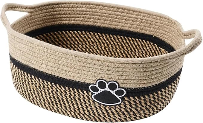 Pet Toy Storage Basket With Handle. Handmade Weaving With Dog Paw Prints for Toys(Beige)