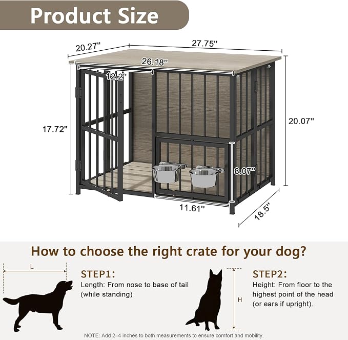 Hadulcet 27'' Foldable Dog Crate Furniture, Small Dog Kennel with 2 Bowls | Wooden Crate Table with Storage Top, Furniture Style Indoor Kennel for Small to Medium Dogs with Rotating Food Door, Gray