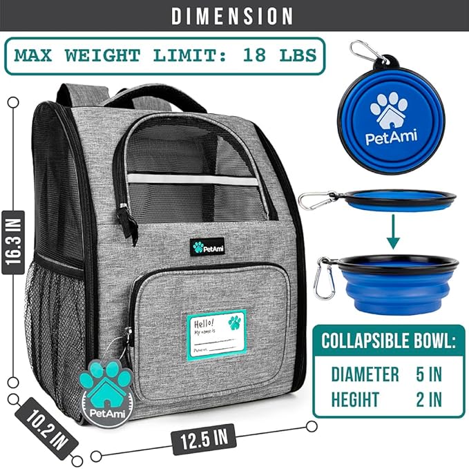 PetAmi Dog Backpack Carrier Airline Approved Cat Pet Puppy Bag, Grey | Ideal for Small Medium Large Pet up to 18 lb, 2 Side Entry Structured No-Collapse Frame, Ventilated Bookbag for Hiking Travel