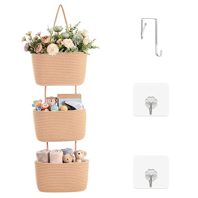 ICERZCZ Hanging Baskets for Organizing, Over the Door Decorative Storage Organizer, Nursery Decor Organization, 3-Tier Wall Basket for Entryway Playroom Bathroom Closet, Khaki