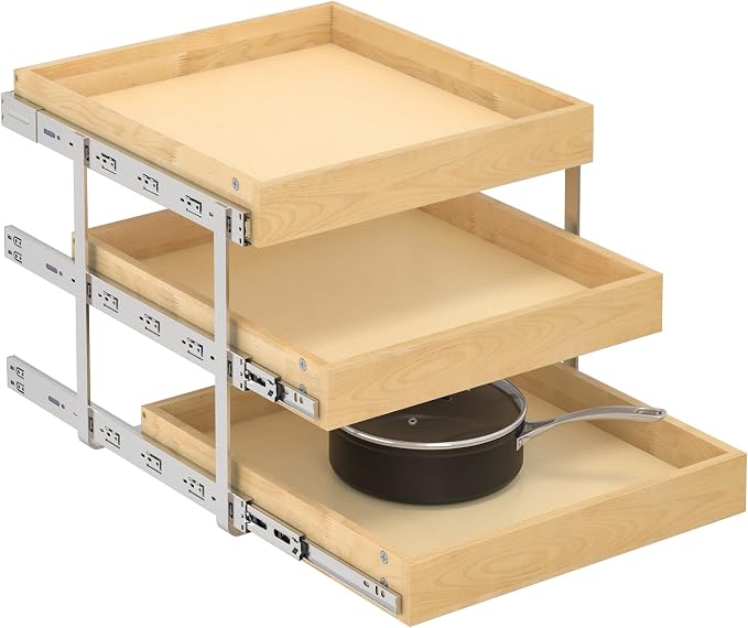 WelFurGeer 3-Tier Pull Out Cabinet Organizer with Soft Close, Heavy-Duty Pull Out Drawers for Cabinets, Slide Out Shelf for Kitchen, Pantry, Bathroom & Under Sink, Solid Birch Wood