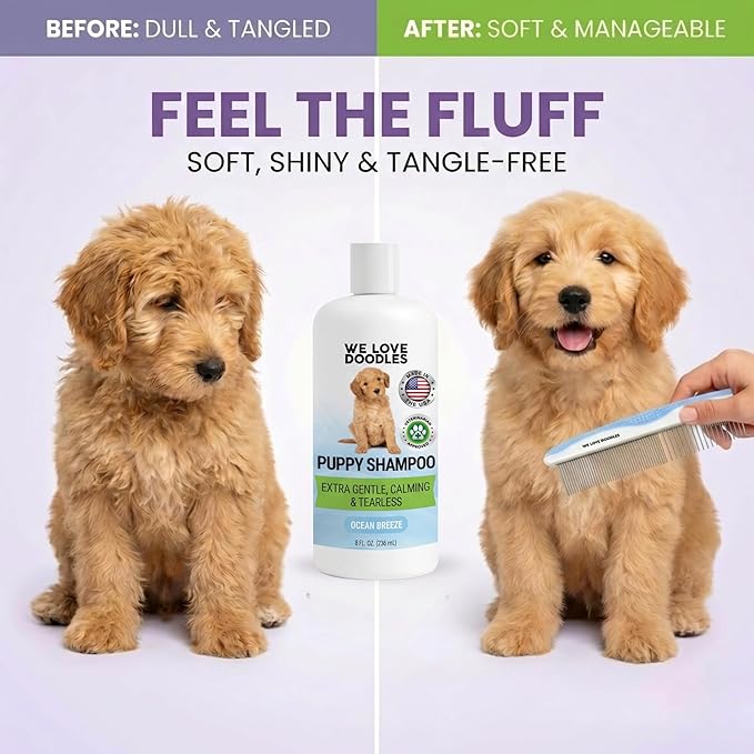 Puppy Shampoo & Conditioner | Made in USA | Tear Free | Best Shampoo for Puppies | Sensitive & Itchy Skin Wash | Oatmeal Bathing | Tearless, Ocean Breeze, 8oz [We Love Doodles]