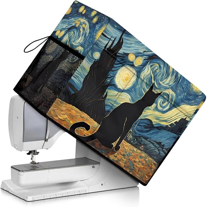 Classic Starry Night Themed Sewing Machine Cover with Black Cat Artwork, Heavy-Duty Dust & Pet Hair Protection with Storage Pocket, Fits Brother, Singer, Janome Machine (Blue)