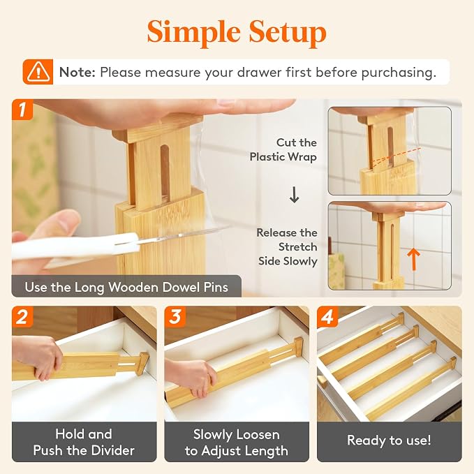 Lifewit 2.4" Kitchen Drawer Dividers, Adjustable Bamboo Drawer Organizers | 6 Pack 13"-16.5" Expandable Drawer Separator for Clothes, Utensils, Dresser, Cabinet, Closet, Nursery Organization & Storage