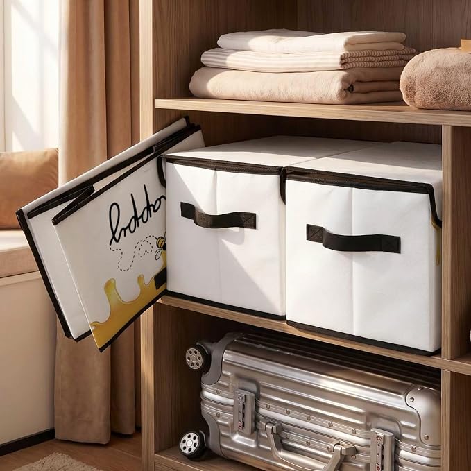 Stackable Storage Bins with Lids,Closet Organizers Fabric Box for Home and Office,Blanket Clothes Organizers,Under Bed Storage Containers 3 Pack