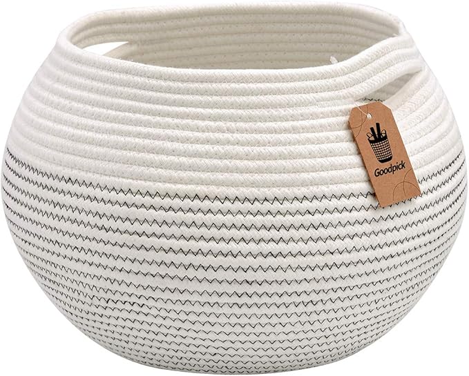 Goodpick Round Woven Rope Storage Basket for Shelves, 10" x 8.3", White | Decotative Small Basket for Toy Storage, Baby Gift Basket with Handles, Fits Living Roon & Nursery Décor, Plant Baskets