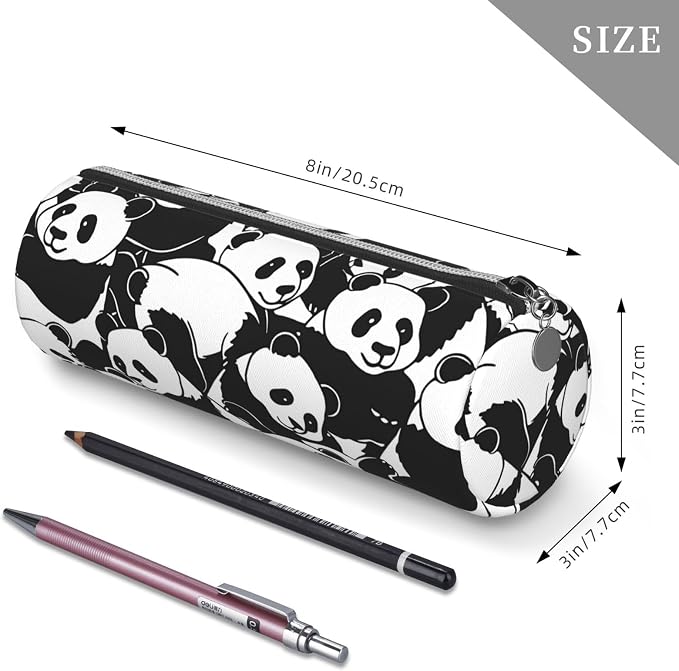 OSAM SPACE Leather Pencil Case Round Pencil Bag Cute Panda Pen Organizer Holder Portable Zipper Pouch Cute School Supplies for Girls Boys Study Office