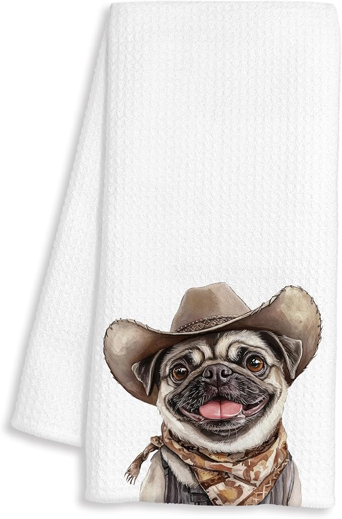 Western Cowboy Pug Dog Gifts Kitchen Towels Decorative - Gifts for Pug Lovers Dish Tea Towels for Kitchen Drying, Dog Mom Dad Gifts Hand Towels for Bathroom Decor, 16x24 Inch