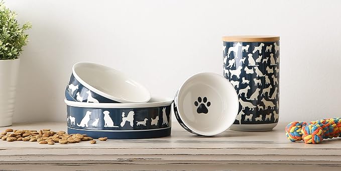 Bone Dry Ceramic Treat Jar for Cats and Dogs, Bamboo Lid, Dishwasher Safe Canister, 4x6.5", Navy, Cat Treats