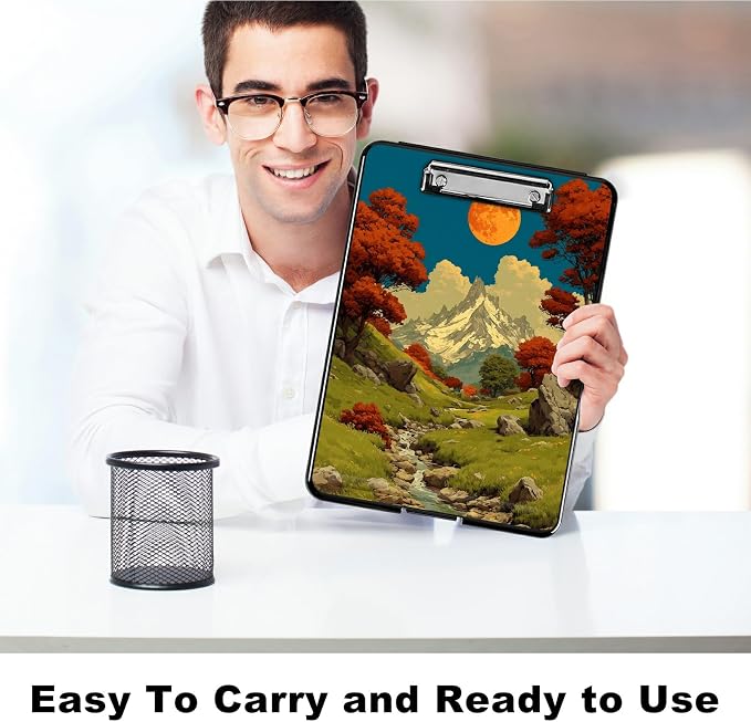 Heavy Duty Storage Clipboard, Slim Nursing Clipboard with Internal Pen Case, Portable File Organizer Case for A4 Letter Size Paper Office Medical Professionals, Snow Mountain Moon Brook