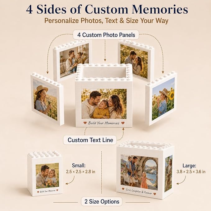 Custom Photo Building Blocks Pen Holder for Desk, 2-in-1 Personalized Photo Block Puzzle Pencil Pot with 4-Side Image Text, Detachable Building Brick Picture Frame