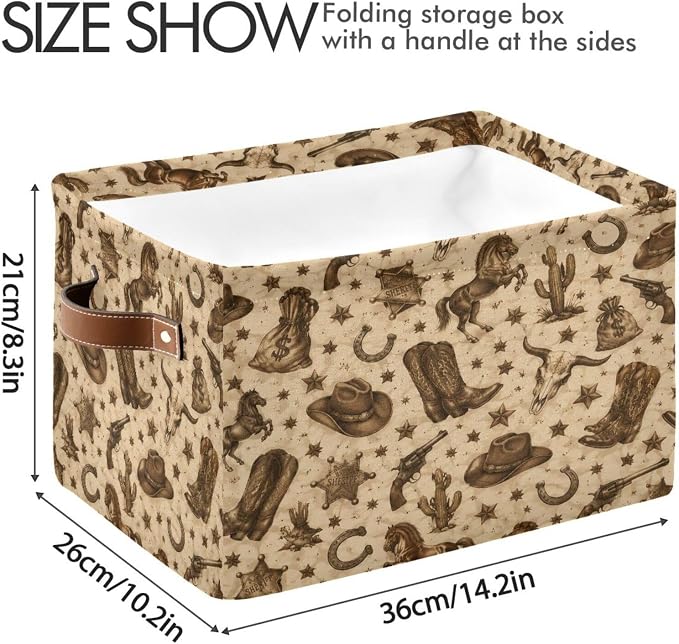 Kigai Storage Basket, Fabric Collapsible Closet Organizer Bin | Western Print Waterproof Foldable Canvas Basket with Handles for Shelves, Nursery, Closet, Bedroom & Bathroom