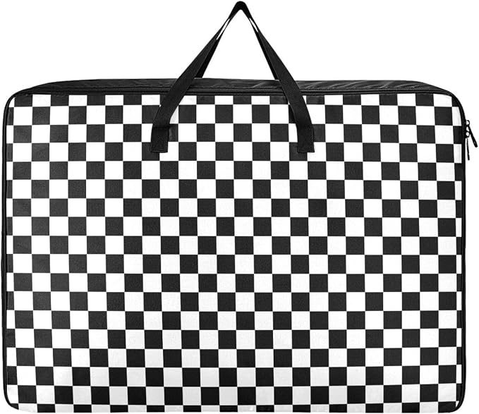Comforter Storage Bags Large Folding Blanket Organizer Bag with Strong Handles Clear Window Closet Storage Containers for Clothes King Queen Pillows Bedding Quilt Duvet Checkered Black and Whit