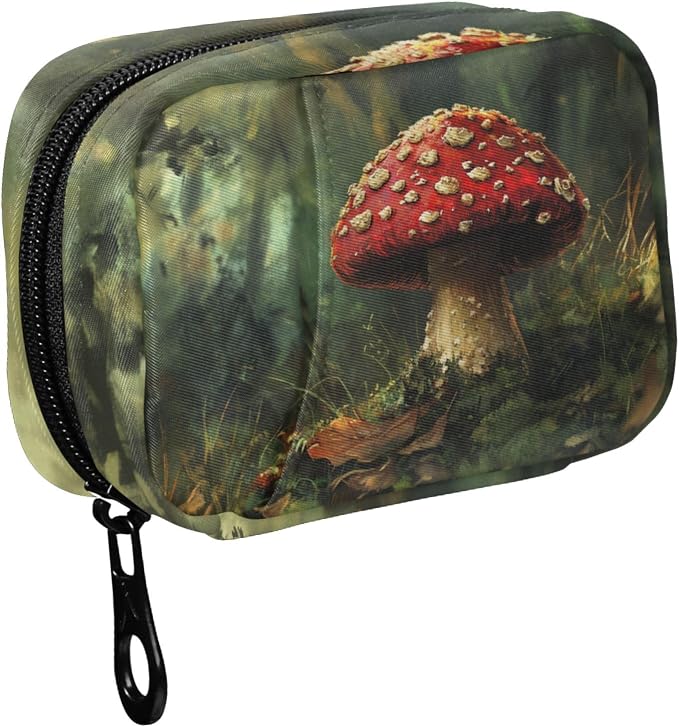 Fustylead Retro Aesthetic Amanita Mushroom Oil Painting Travel Pill Organizer Case Zipper for Purse with Removable Weekly Pill Box for Medicine, Vitamin, Supplement Medicine Organizer