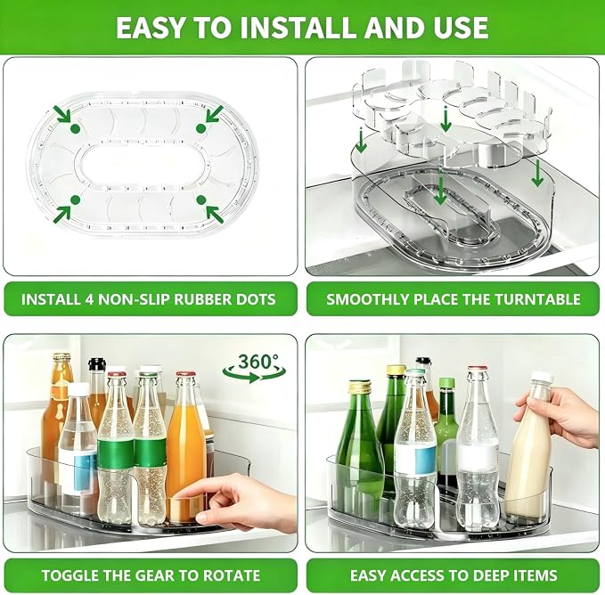 Lazy Susan 360°Rotating Organizer for Refrigerator,13.5“ x 8.5”,Drink Organizer for Fridge,Cabinet, Pantry,or Kitchen Countertop,Organize Condiments, Cans, Beverages,Clear+White,1 Pack
