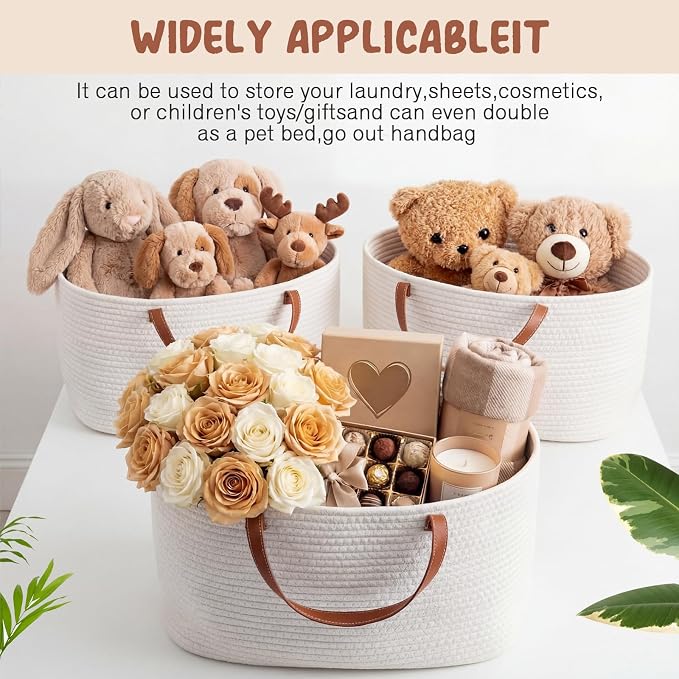 Colingmill Empty Gift Basket Woven Cotton Rope PU Handles,16.5*10*9 Inch