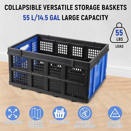 Garvee Collapsible Crate, 55L Foldable Plastic Milk Storage Crate, Blue | Heavy Duty Stackable Plastic Crates Folding Storage Baskets for Groceries, Moving, Camping & Car Storage