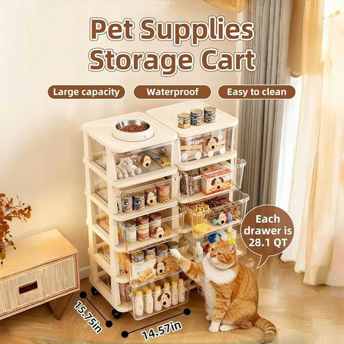 Dog Toy Storage Drawer with Wheels,5 Tier Large Capacity Stackable Bin for Pet Toys & Essentials, All-in-One Dog Stuff Storage Cabinet, Perfect for Living Room, Easy to Clean