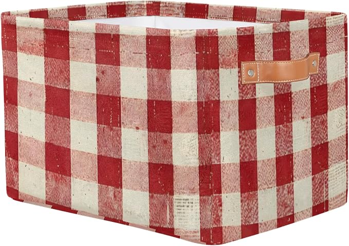 Storage Basket Classic Checkered Storage Cube Box Durable Canvas Collapsible Toy Organizer Bin with Handles for Shelf Closet Bedroom Home Office