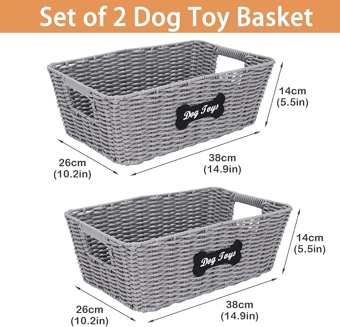 Dog Toy Basket, 2pcs Dogs Toy Bin,Dog Toy Box for Living Room Area, Handmade Poly Wicker Baskets for Pet Toys Blanket Collar Snack-Grey ﻿