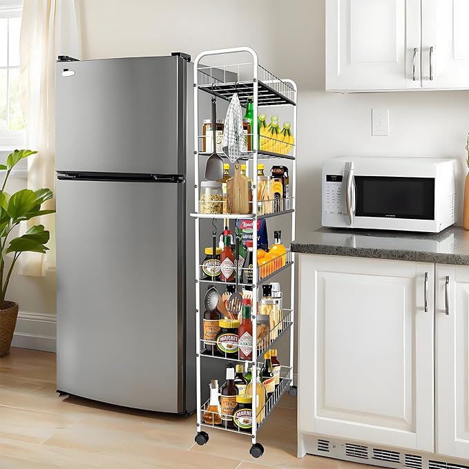 10in 6 Tier Slim Storage Cart with Wheels, Narrow Space Rolling Shelving Unit with Handle, Metal Wire Mobile Organizer Rack for Kitchen Bathroom Office Laundry