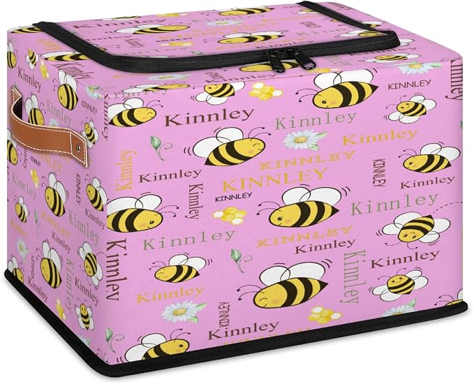 Personalized Kids Toy Box with Name, Custom Pink Nursery Baskets Cubes Box with Zipper Lid, Kids Custom Storage Basket Laundry Baskets Organizer with Handles, Bee and Floral