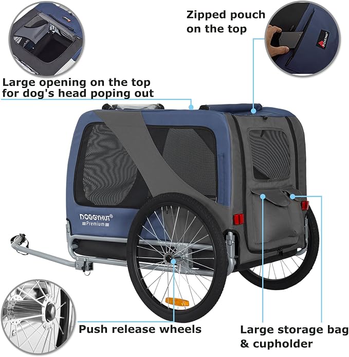 DOGGYHUT® Premium X Large Pet Bike Trailer Up to 100 lbs (Blue) | Bicycle Trailer for Small Medium or Large Dogs, Dog Bicycle Carrier, Low Center of Gravity, Folding Frame Cart