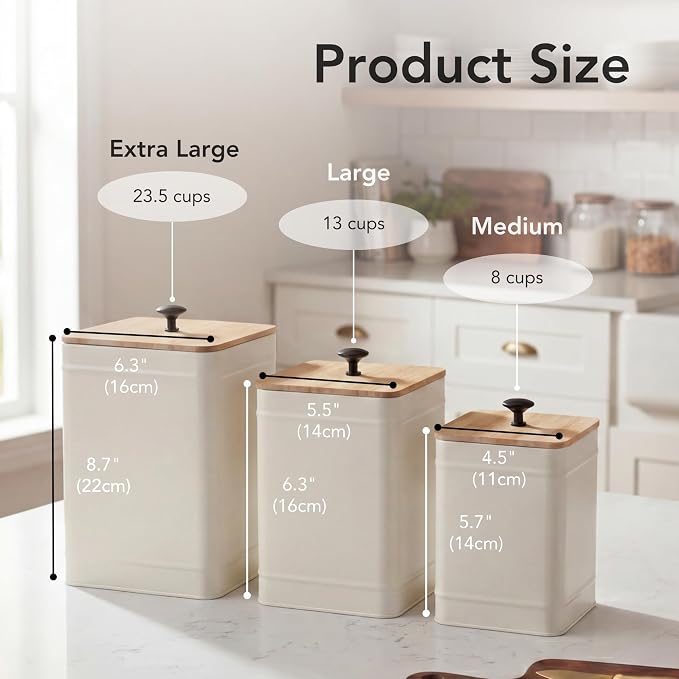 PERFNIQUE Kitchen Canisters for Countertop Set of 3, Airtight Canisters Sets for the Kitchen Counter with Lid, Metal Farmhouse Food Storage Containers Jars for Flour Sugar Coffee Tea Spice (White)