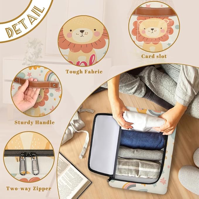 Custom Cute Lion Storage-Bin With Zipper Lid for Kids-Girls-Boys-Baby-Pet,Personalized Name Foldable Storage Box with Handle,Baby Basket With Label for Bedroom Nursery Toy Clothes,Beige