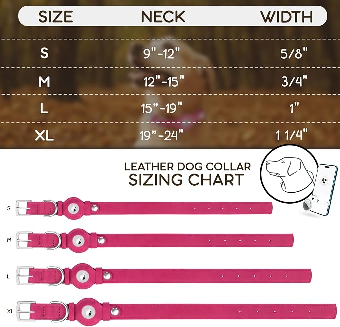 Leather Dog Collar with Airtag Holder - Apple Air Tag Dog Collars - Soft Tracking GPS Pet Collar for Small Medium Large Dogs Breed Puppy (Pink, S, 9"-12" Neck Fit)