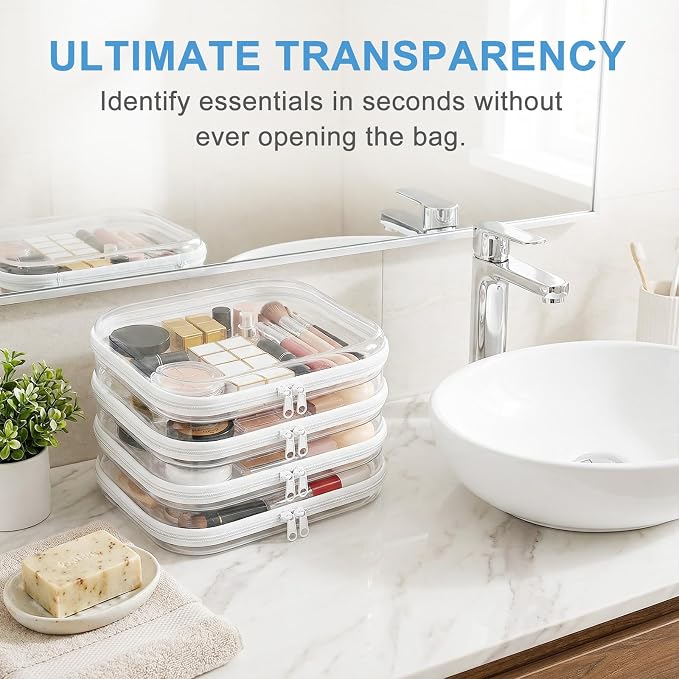 4 Pack Clear Hard Shell Zipper Case, Clear Zipper Pouches for Organizing, Diaper Bag Organizer Pouches, Transparent Hard Plastic Storage Case for Travel, Toiletry Essentials (4M)