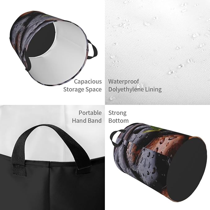 Rain Drops Over Rock print Laundry Hamper with Handle Waterproof Collapsible Organizer Baskets Circular Dirty Clothes Organizer Basket Portable Storage Bin for Bathroom Bedroom Dorm