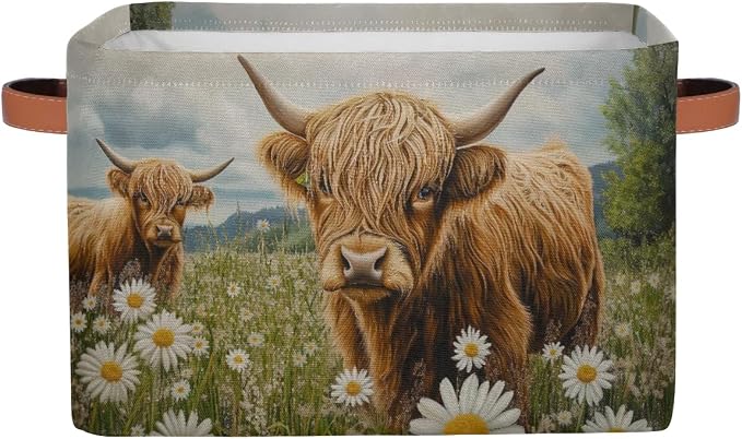 Daisy Flowers Highland Cows Storage Boxes Theme Storage Nursery Baskets with Handle Closet Collapsible Organizer Shelf Bins for Book Cloth 15 X 11 X 9.5 IN