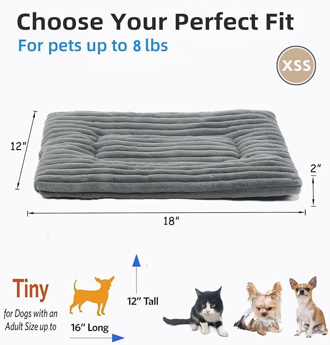 Cat Bed Dog Crate Pad Ultra Soft Comfy Flat Pet Bed Sleeping Cushion Washable Crate Mat for XX-Small Dogs and Indoor Cats Anti-Slip Tiny Dog Kennel Pad Cat Carrier Mat 18 x 12 inch Grey