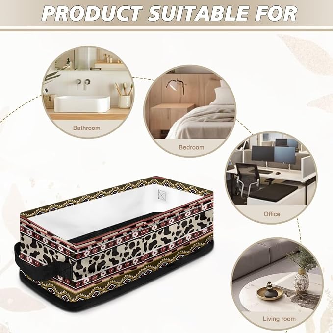 Cow Print Aztec Toilet Tank Topper Papper Basket for Back of Toilet with Handle, Decorative Shelf Bins, Versatile Bathroom Basket Toilet Paper Organizer Bathroom Decor