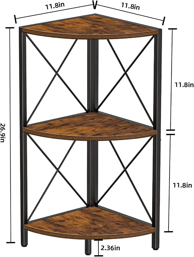 Snughome Corner Shelf with Metal Frame, 3 Tier Rustic Corner Storage Organizer, Freestanding Corner Bookshelf Stand Display Rack for Kitchen, Living Room