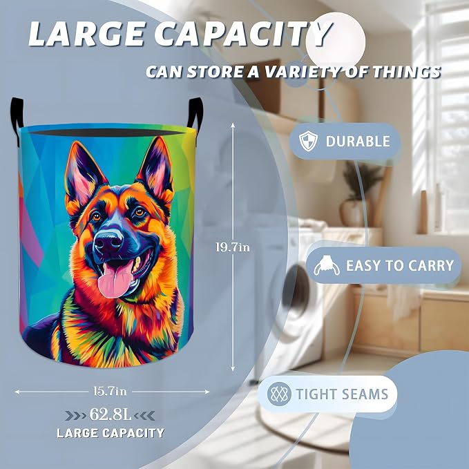 Colorful German Shepherd Laundry Basket, Cute Puppy Pet Dog Storage Hamper, Round Collapsible Waterproof Cloth Bin, 19.7x15.7 Inch Cartoon Art Clothes Organizer Gifts for Bathroom Decor