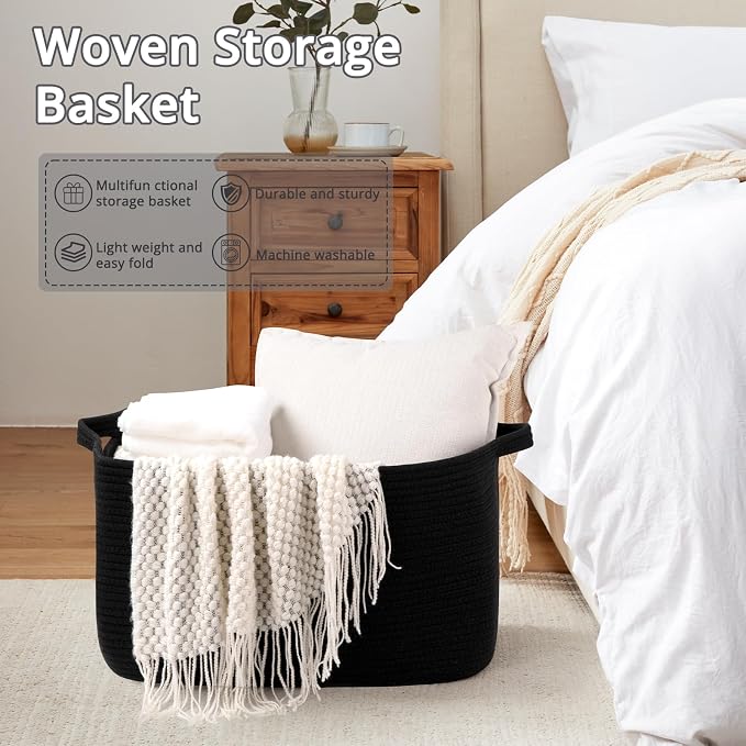 OIASKET Large Blanket Basket, Black Blanket Storage Living Room, Rectangle Woven Baskets for Storage Toys, Towels, Dirty Clothes Organizer Bins (Black)