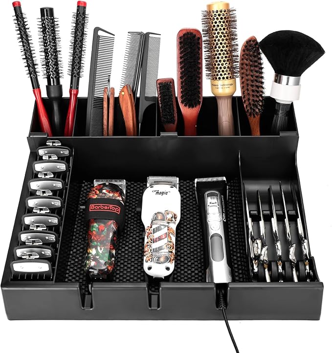 Barber Clippers Station, 15 x 11.8 x 4.3 inch Removable Tray Featuring Dedicated Clippers & Guards Slots and Scissor Razor Slots, for Barber&Salon and Home Stylist Accessories Station Organizer
