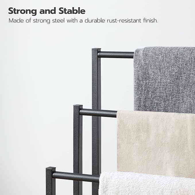 HOOBRO Free Standing Towel Rack, 3 Tier Blanket Rack, Blanket Holder for Bathroom, 23.6" L x 11" W x 31.9" H, Industrial Metal Drying and Display Rack with Shelf, Rustic Brown and Black BF06LB01