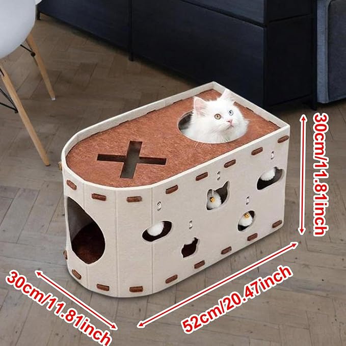Cat House Scratch Condo Pet Toys Meal Claws Scratches with an Interactive Hole Felting Bed for Several Cats, Beige