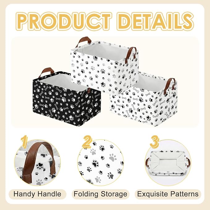 Britimes Dog Paw Storage Baskets for Gifts, Toy Storage Bins Box, 3 Pcs | Puppy Dog Canvas Collapsible Baskets Organizer with Handles Cute Nursery Decor Laundry Basket for Shelves Closet