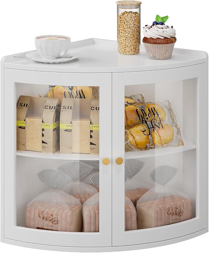 Trironsun Fan Shape Corner Bread Box for Kitchen Counter Double Layer Large Bread Storage Container with Acrylic Doors Farmhouse Wooden Bread Box Organizer for Homemade Bread (White)