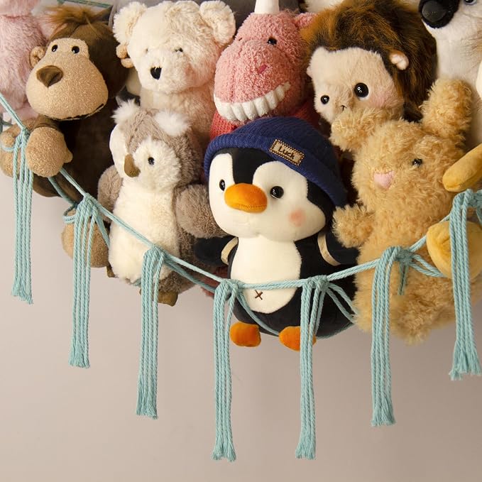 Stuffed Animal Hammock-Large Stuffed Animal Net For Toys Corner-Hanging Stuff Animal Toy Storage Organizer For Plush Plushie Display Light Blue Girl Room Bedroom Boho Nursery Decor Toy Storage